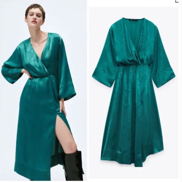 NWT Zara Teal  Satin Effect V-Neck Midi Dress Festive Holiday - Picture 2 of 9